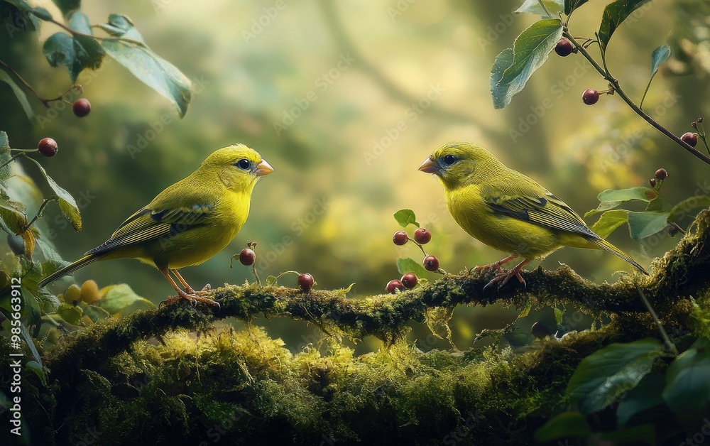 Fototapeta premium Two yellow finches, perched on moss-covered branches in an enchanted forest setting, 
