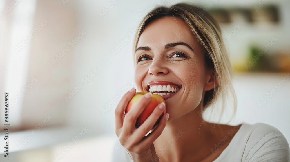Smiling woman eating apple, joyful healthy lifestyle choice, fresh fruit pleasure, well-being concept Smiling woman eating apple, joyful healthy lifestyle choice, fresh fruit pleasure, well-being concept