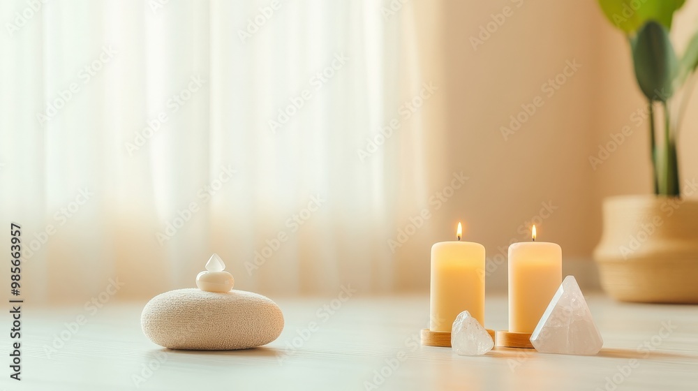A serene indoor scene featuring two lit candles, smooth stones, and a soft plant, promoting relaxation and tranquility. A serene indoor scene featuring two lit candles, smooth stones, and a soft plant, promoting relaxation and tranquility.