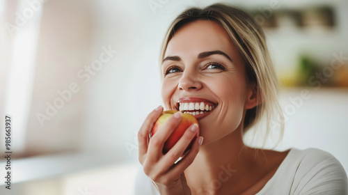 Smiling woman eating apple, joyful healthy lifestyle choice, fresh fruit pleasure, well-being concept