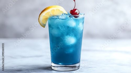 A vibrant Blue Lagoon cocktail in a tall glass, bright blue liquid with a lemon wedge and cherry garnish, set against a white background, crisp lighting, tropical summer vibes.  --ar 16:9 --no logo