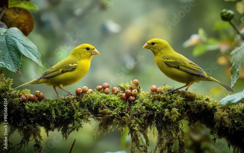 Two yellow finches, perched on moss-covered branches in an enchanted forest setting
 photo