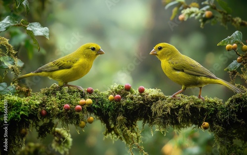 Two yellow finches, perched on moss-covered branches in an enchanted forest setting photo