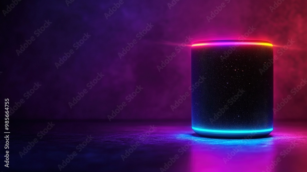 A black cylinder with a colorful glowing light rim against a dark background with a neon glow. A black cylinder with a colorful glowing light rim against a dark background with a neon glow.