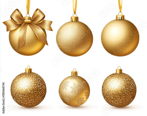 Set of gold Christmas ornaments with golden glitter and ribbon bows, isolated on a white background. Vector illustration, Generative AI