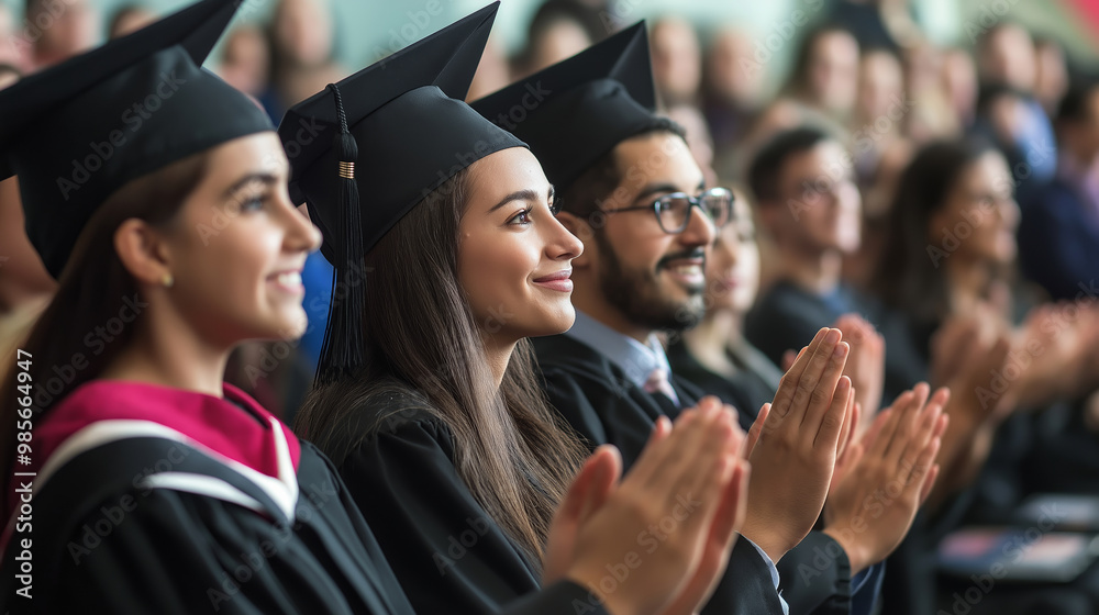 Fototapeta premium Graduates in caps and gowns, applauding at commencement ceremony, diverse students celebrating achievement, education concept