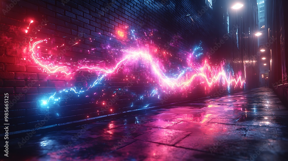 Neon graffiti covering a dark urban alley, bright paint splashes glowing under streetlight flares, sharp lines and abstract shapes merging with the grungy brick background, Neon graffiti covering a dark urban alley, bright paint splashes glowing under streetlight flares, sharp lines and abstract shapes merging with the grungy brick background,