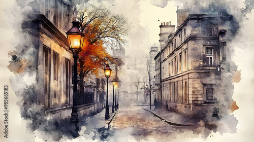 Fototapeta Naklejka Na Ścianę i Meble -  Victorian street, gas lamps flickering, deserted, Watercolor style.