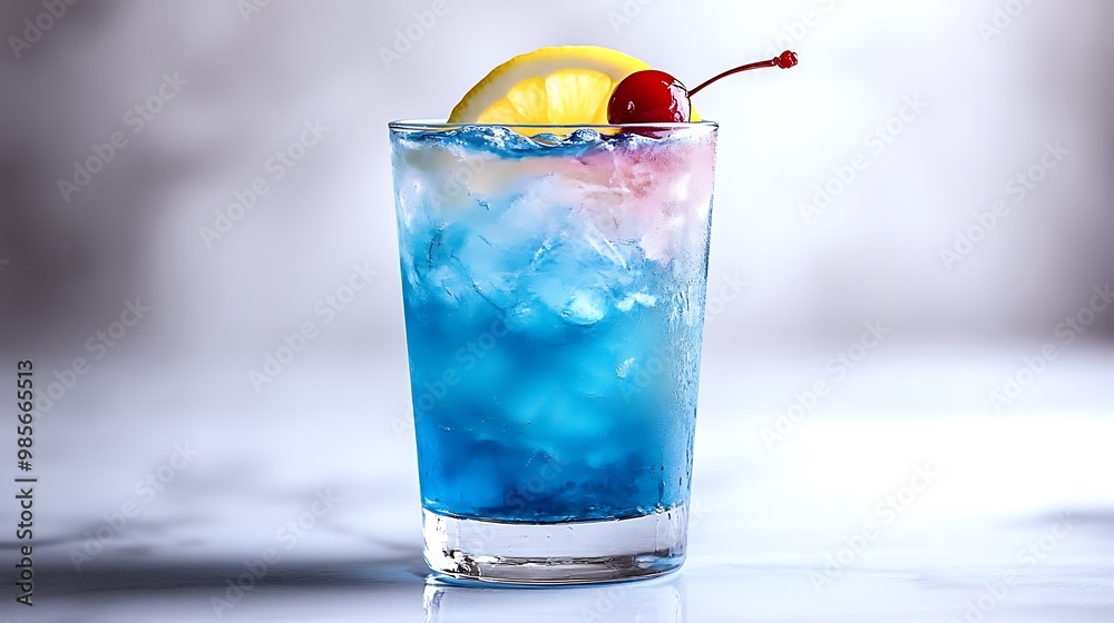 A vibrant Blue Lagoon cocktail in a tall highball glass, bright blue liquid, garnished with a lemon slice and maraschino cherry, on a pure white background, bright lighting, crisp and refreshing feel. A vibrant Blue Lagoon cocktail in a tall highball glass, bright blue liquid, garnished with a lemon slice and maraschino cherry, on a pure white background, bright lighting, crisp and refreshing feel.