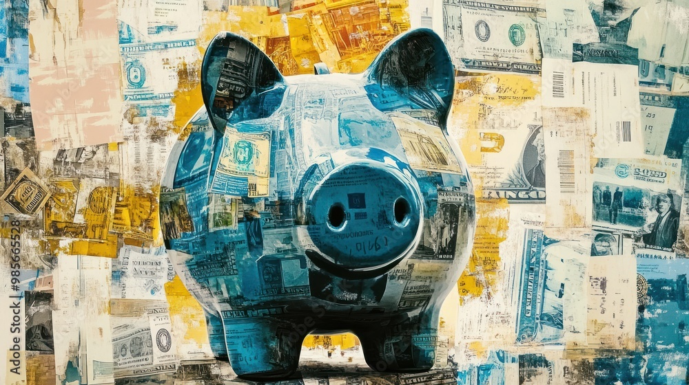Fototapeta premium A blue piggy bank covered in bills against a background of torn, faded bills.