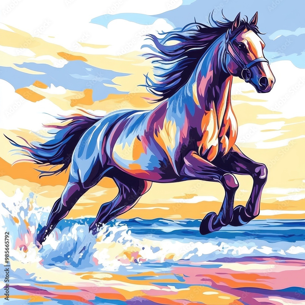 Horse galloping along a beach, with its mane flowing in the breeze and the ocean waves crashing in the background. Horse galloping along a beach, with its mane flowing in the breeze and the ocean waves crashing in the background.