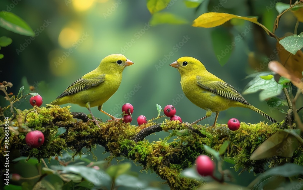 Fototapeta premium Two yellow finches, perched on moss-covered branches in an enchanted forest settin