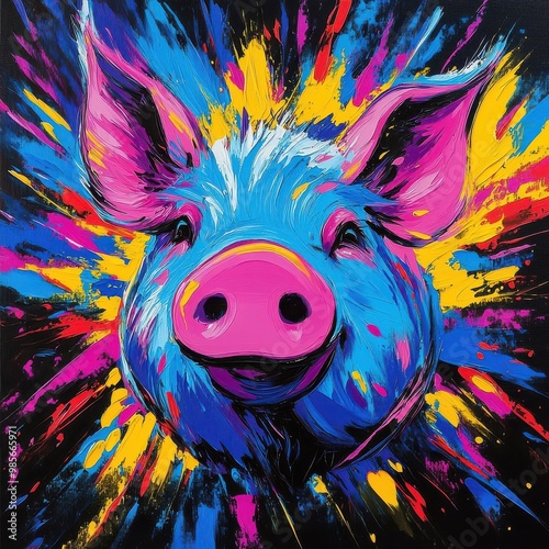 Pig illustrated in Abstract Expressionism style, using expressive strokes and vivid colors to convey its playful and lively character.