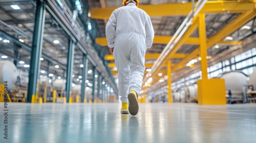 Obraz premium A person in protective gear walks through a bright industrial facility with yellow beams and large machinery in the background.