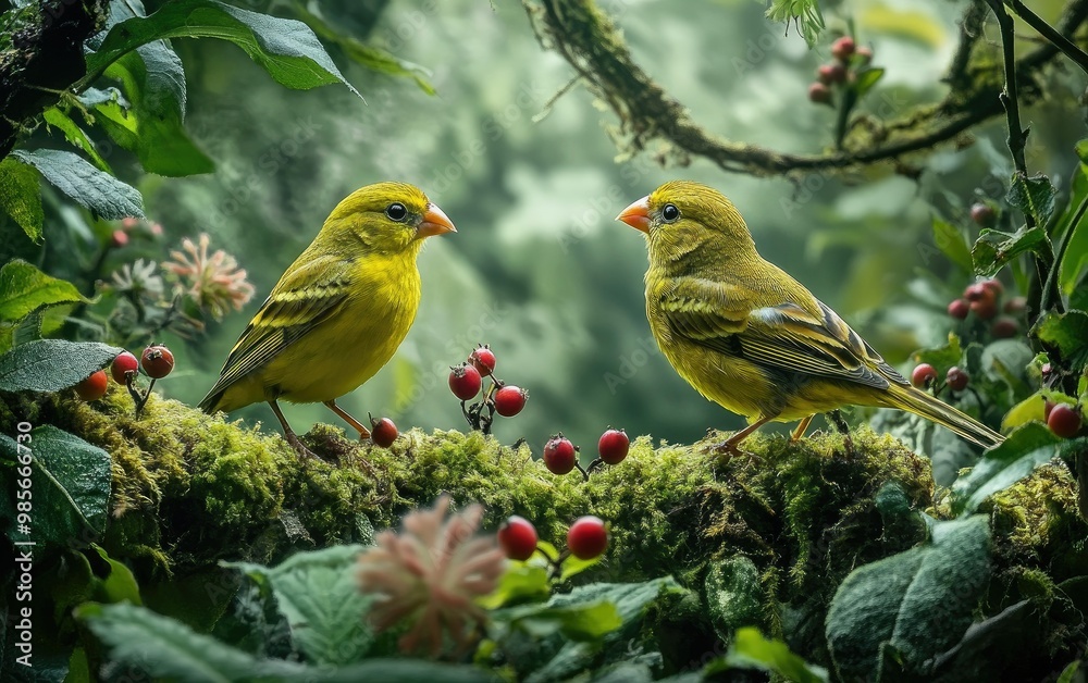 Two yellow finches, perched on moss-covered branches in an enchanted forest settin Two yellow finches, perched on moss-covered branches in an enchanted forest settin