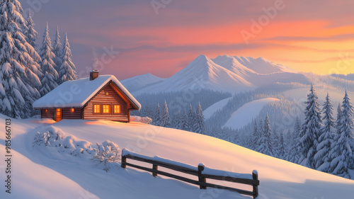 Warmly lit cabin in winter wonderland