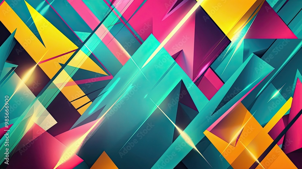 Fototapeta premium Bright teal fuchsia and yellow zigzags with glowing edges create a lively summer backdrop