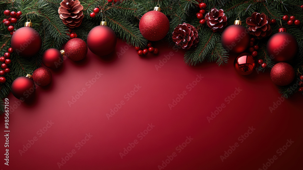 Festive Pine Branches on Red Background Festive Pine Branches on Red Background