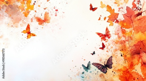 Watercolor Autumn Leaves and Butterflies.