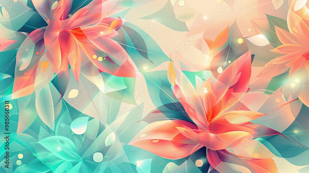 Bright coral mint and yellow polygons with petal-like patterns and glowing textures create a lively spring wallpaper