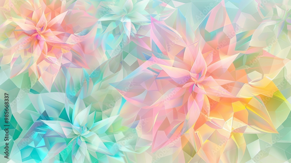 Bold pink aqua and yellow triangles and hexagons with glowing edges and floral patterns capture the lively energy of spring Bold pink aqua and yellow triangles and hexagons with glowing edges and floral patterns capture the lively energy of spring