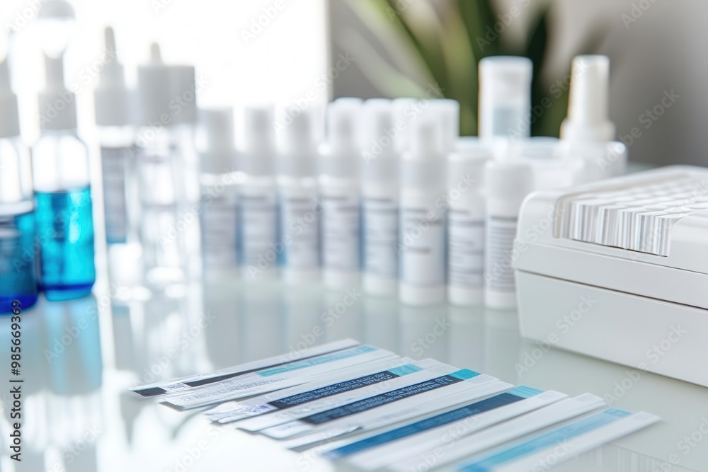 Skincare samples being tested for pH balance with strips in a research lab environment Skincare samples being tested for pH balance with strips in a research lab environment