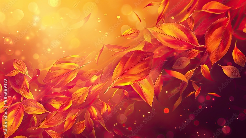 Geometric leaves in warm autumn hues swirl over a crimson and gold gradient backdrop Geometric leaves in warm autumn hues swirl over a crimson and gold gradient backdrop