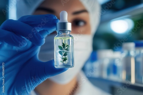 Researcher holding a vial with botanical-infused skincare serum under lab lighting