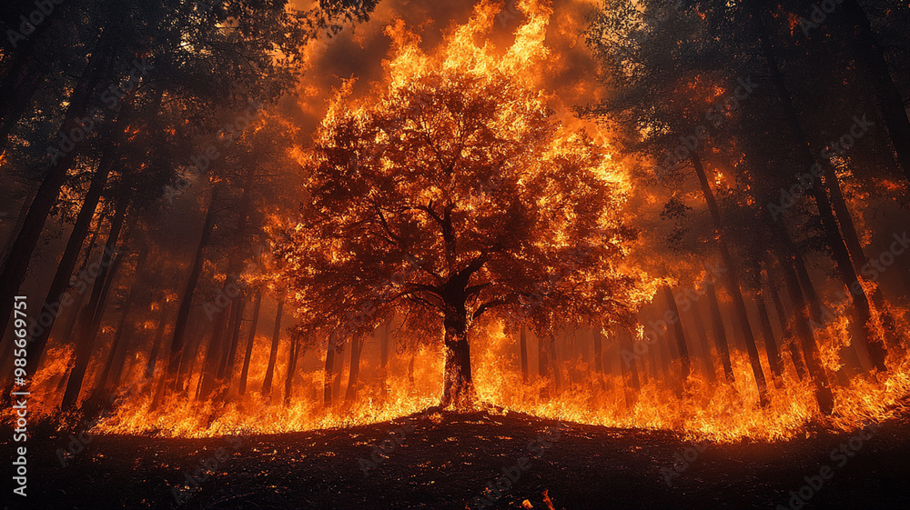 surreal tree stands defiantly in middle of burning forest, surrounded by flames and smoke. contrast between vibrant tree and raging fire evokes sense of resilience and beauty amidst destruction surreal tree stands defiantly in middle of burning forest, surrounded by flames and smoke. contrast between vibrant tree and raging fire evokes sense of resilience and beauty amidst destruction