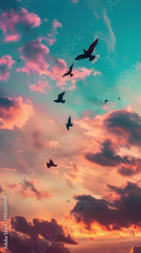 A stunning sunset sky filled with vibrant colors and birds in flight, creating a serene atmosphere.