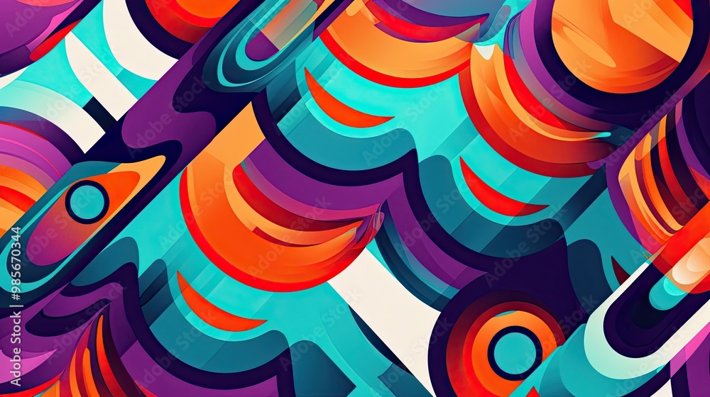 Sharp zigzag and circular motifs in teal orange and purple on a bright white wallpaper Sharp zigzag and circular motifs in teal orange and purple on a bright white wallpaper