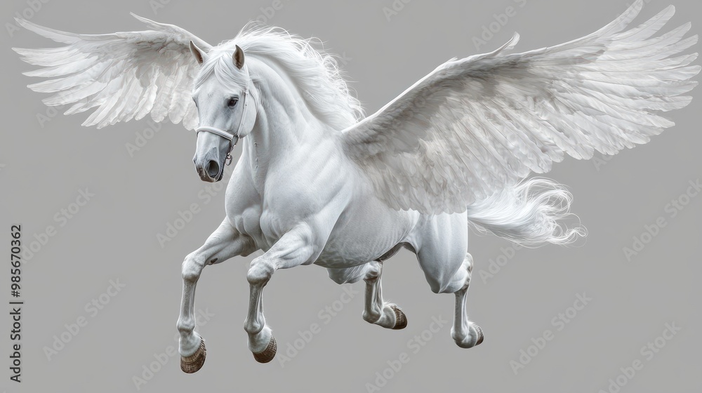 Majestic white winged horse, Pegasus, in flight, cut out transparent background Majestic white winged horse, Pegasus, in flight, cut out transparent background