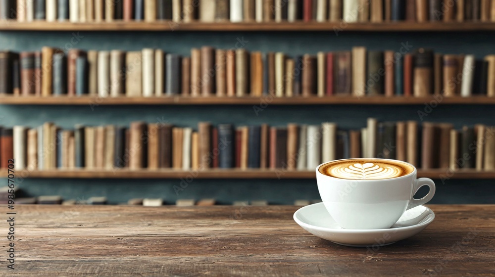 A white cup of coffee with intricate latte art sits on a rustic wooden table, with a blurred bookshelf full of books in the background. A white cup of coffee with intricate latte art sits on a rustic wooden table, with a blurred bookshelf full of books in the background.