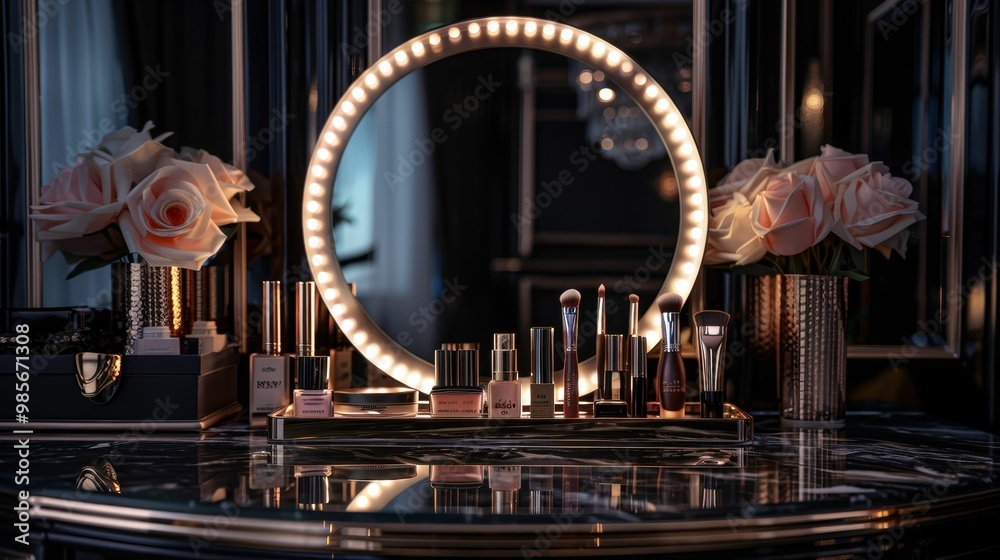 Elegant vanity scene featuring a circular illuminated mirror, stylish cosmetics, and delicate floral arrangements, reflecting luxury and beauty. Elegant vanity scene featuring a circular illuminated mirror, stylish cosmetics, and delicate floral arrangements, reflecting luxury and beauty.