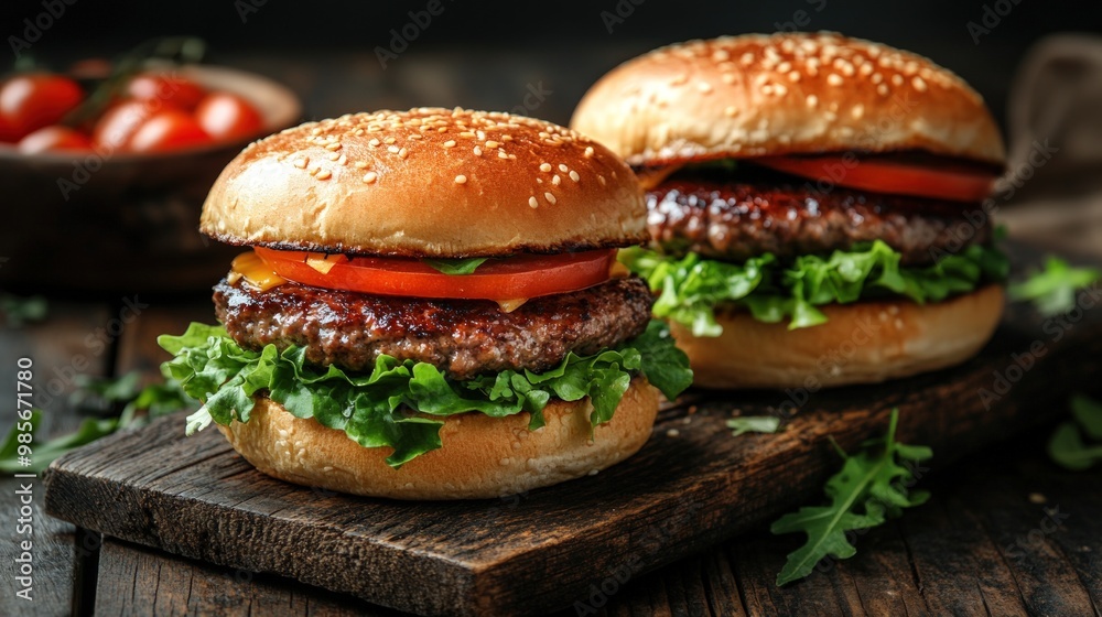 Two juicy cheeseburgers with lettuce, tomato, and cheese on a wooden board. Two juicy cheeseburgers with lettuce, tomato, and cheese on a wooden board.