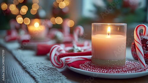 A candy cane-themed Christmas table setup, with red and white napkins, peppermint candles glowing softly, candy cane centerpieces in a playful and festive holiday setting, soft and cozy atmosphere, photo