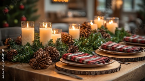 A charming rustic Christmas table featuring buffalo plaid napkins, wooden chargers, and simple greenery accents, soft warm candlelight enhancing the festive decor, cozy and inviting atmosphere, photo