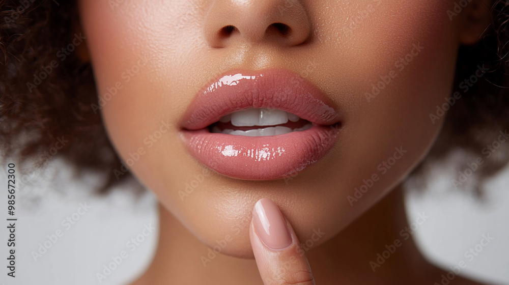 Naklejka premium Close-up of mouth and lips with distinct skin texture visible on isolated white background. Person holds finger to touch lip gloss showing its glossy finish. Advertisement for cosmetic products.