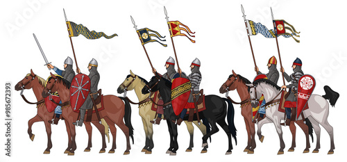 Group of Historically Accurate Early Medieval Knights on Horseback in Armour and with Various Weapons, Illustration Isolated on Transparent Background