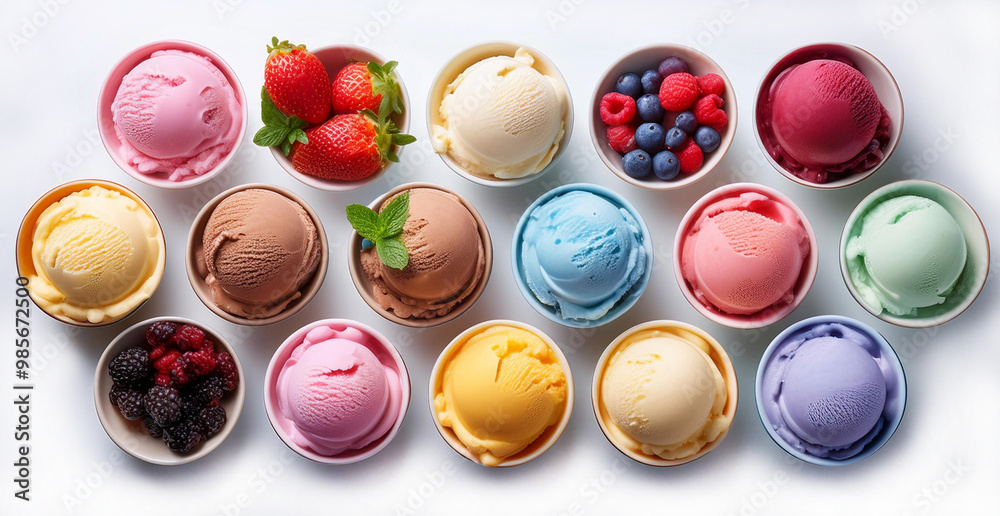 Colorful bright ice cream on bowls, with berries on white background. Colorful bright ice cream on bowls, with berries on white background.
