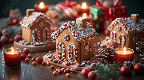 A Christmas table featuring gingerbread houses as centerpieces, candy scattered across the table, and festive red and green decor, candlelight casting soft reflections on the candy and gingerbread, photo