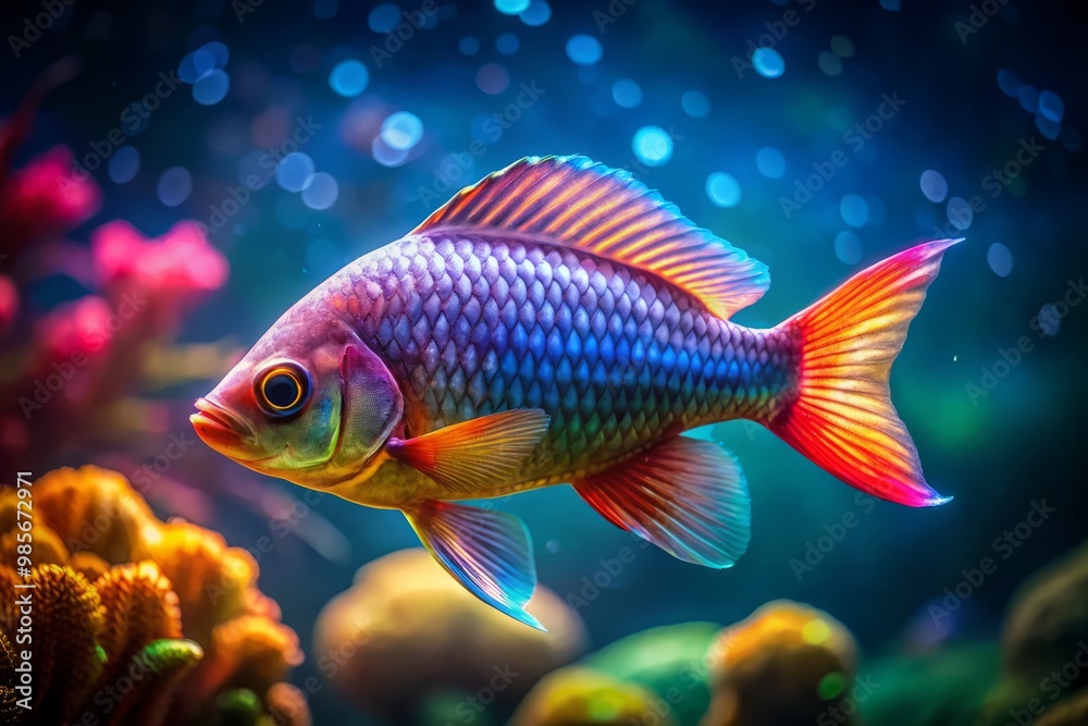 Amidst the ocean's darkness, a lone fish shines, its scales radiating an ethereal aura, shimmering with kaleidoscopic Amidst the ocean's darkness, a lone fish shines, its scales radiating an ethereal aura, shimmering with kaleidoscopic
