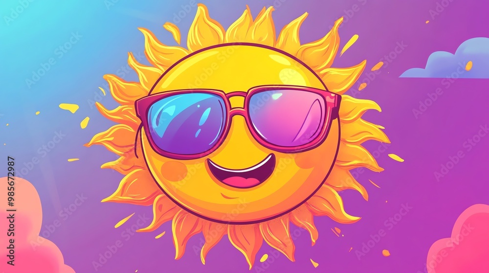 A smiling cartoon sun wearing sunglasses. A smiling cartoon sun wearing sunglasses.