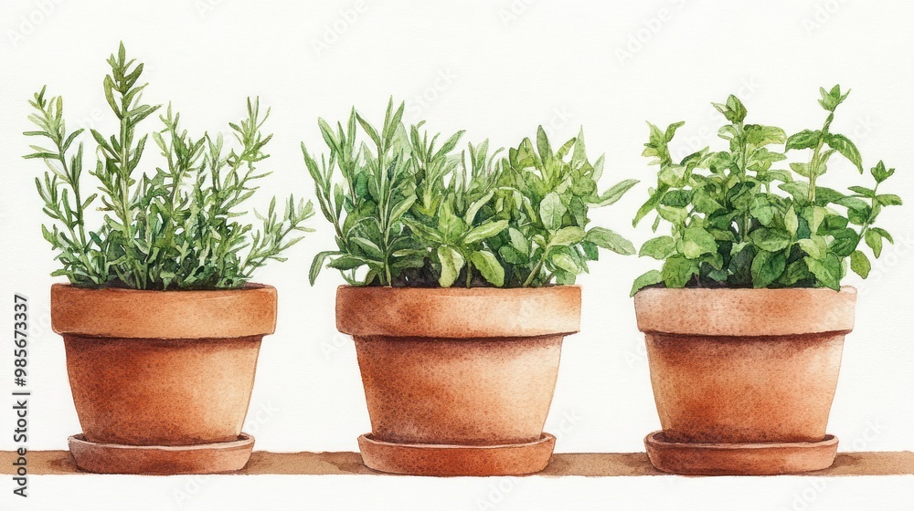 Watercolor illustration of potted herbs. Watercolor illustration of potted herbs.