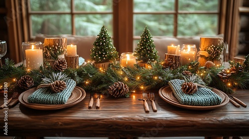 A cozy cabin Christmas table with knit napkin rings, natural pine garland intertwined with fairy lights, and wooden accents, soft candlelight casting a warm glow, rustic and inviting holiday setting, photo