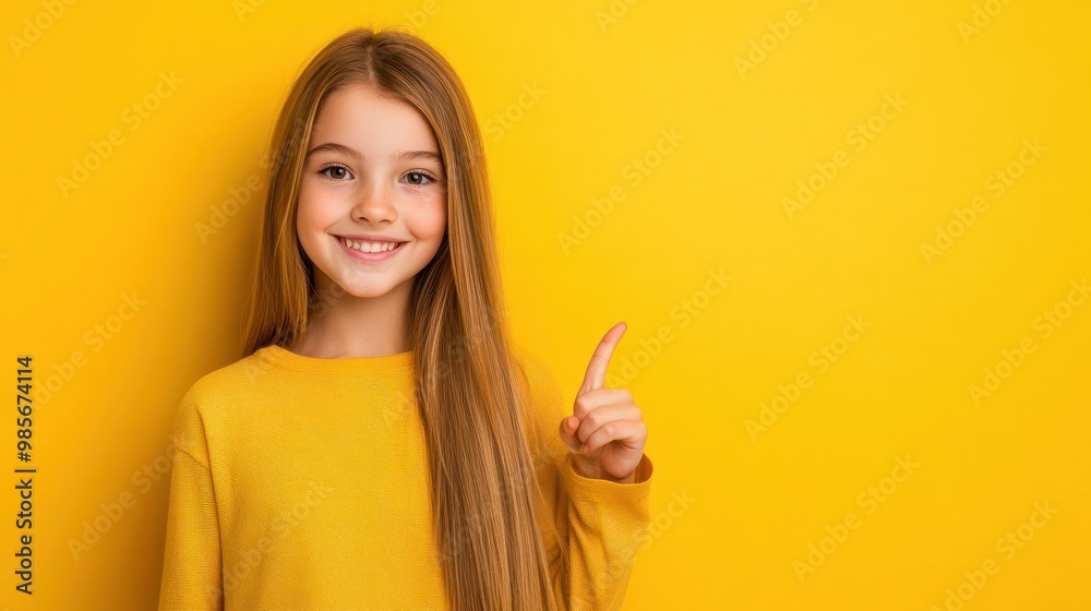 Portrait of her she nice attractive confident glad cheerful straight-haired pre-teen girl pointing aside advert ad tips feedback sale discount isolated over bright vivid shine yellow background Portrait of her she nice attractive confident glad cheerful straight-haired pre-teen girl pointing aside advert ad tips feedback sale discount isolated over bright vivid shine yellow background