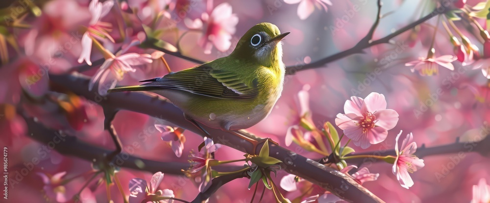 The Japanese White-eye.The background is cherry blossoms. Located in Tokyo Prefecture Japan. The Japanese White-eye.The background is cherry blossoms. Located in Tokyo Prefecture Japan.