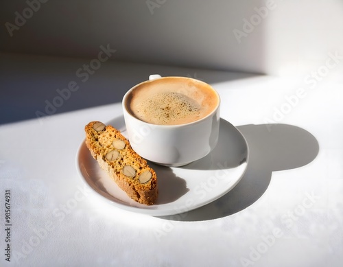 A cappuccino served with a side of almond biscotti on a white plate photo