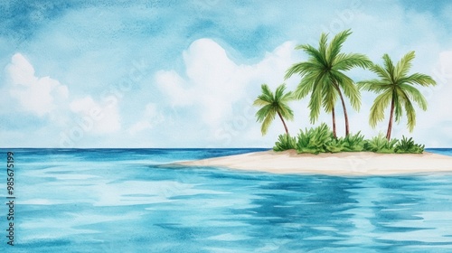 Watercolor Tropical Island with Palm Trees.