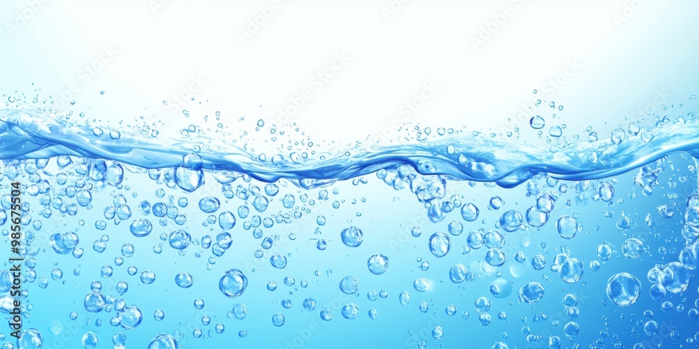Crystal clear water splash with bubbles on blue background Crystal clear water splash with bubbles on blue background